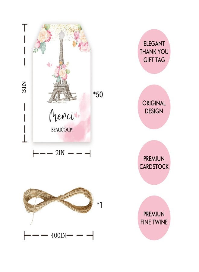 FORSHEEP 50pcs Paris Thank You Tags, Eiffel Tower Party Favors Gift Tag with String, Paris Favor Labels for Girl Birthday Party, Eiffel Tower Party Favors Decor for Women - Image 2